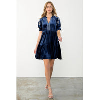 Women's S/S Floral Embroidered Sleeve Mini Velvet Dress (Available in Two Colors)