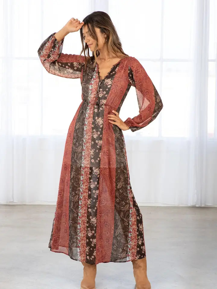 Women's L/S Floral Patchwork Bohemian Maxi Dress in Cinnamon and Brown