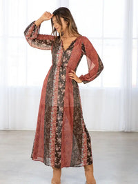 Women's L/S Floral Patchwork Bohemian Maxi Dress in Cinnamon and Brown
