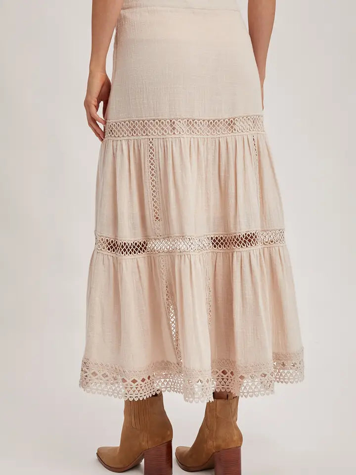 Women's Western Bohemian Crochet Midi Skirt in Oatmeal