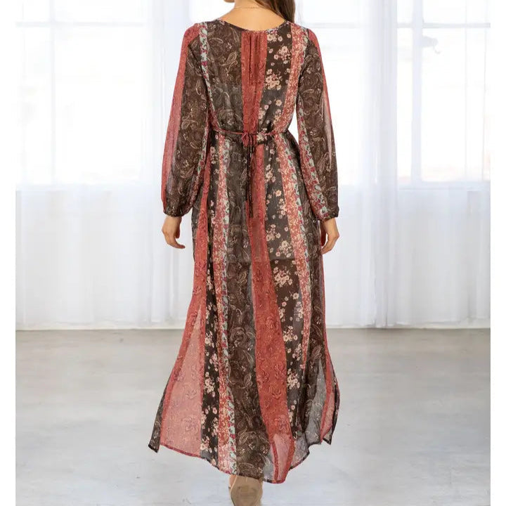 Women's L/S Floral Patchwork Bohemian Maxi Dress in Cinnamon and Brown