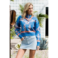 Women's L/S Scarf Neck Print Sweater in Blue