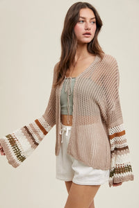 Women's Multi-Color Sleeve Crochet Tie Front Cardigan in Mocha and Olive