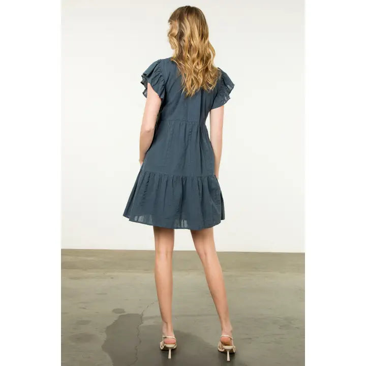 Women's S/S Embroidered Flutter Sleeve Dress in Navy