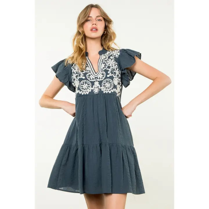 Women's S/S Embroidered Flutter Sleeve Dress in Navy