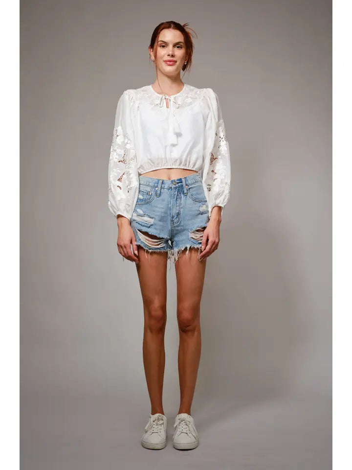 Women's L/S Tie Neck Lace Embroidered Cropped Blouse in White