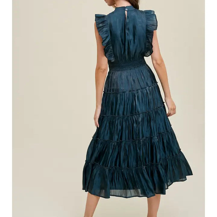 Women's Organza Tiered Midi Dress in Teal