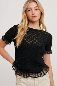 Women's S/S Ruffle Hem Crochet Knit Fashion Top in Black