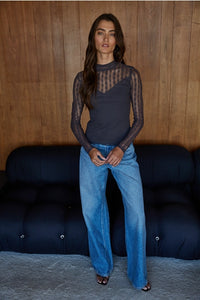 Women's L/S Ribbed Sheer Lace Mock Neck Shirt (Available in 3 Colors)