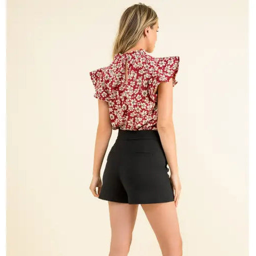 Women's Flutter Sleeve Floral Print Mock Neck Knit Blouse in Red