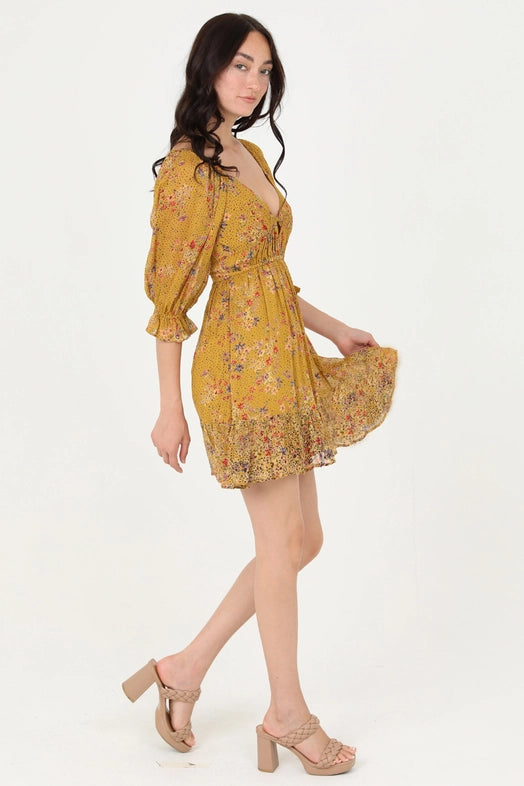 Women's Floral Half Poet Sleeve Mini Dress in Honey