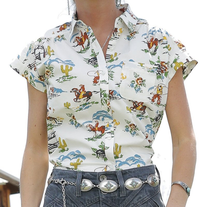 Cruel Women's S/S Cowboy Print Button Down Blouse in Cream