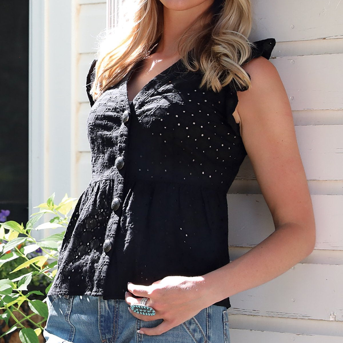 Cruel Women's Eyelet Ruffled Sleeve Blouse in Black