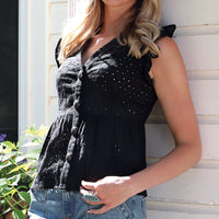 Cruel Women's Eyelet Ruffled Sleeve Blouse in Black