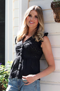 Cruel Women's Eyelet Ruffled Sleeve Blouse in Black