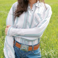 Cruel Women's L/S Girlfriend Fit Striped Western Snap Shirt in Lilac