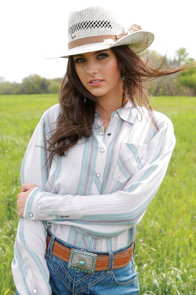 Cruel Women's L/S Girlfriend Fit Striped Western Snap Shirt in Lilac
