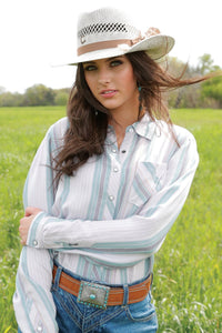 Cruel Women's L/S Girlfriend Fit Striped Western Snap Shirt in Lilac