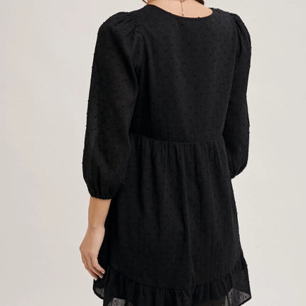 Women's 3/4 Sleeve Embroidered Ruffle Babydoll Dress in Black