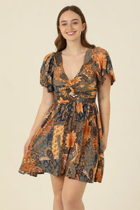 Women's Ruffle Sleeve Floral Twist Front Mini Dress in Sunset