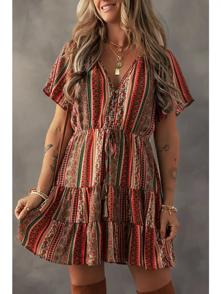Women's S/S Bohemian Print Tiered Ruffle Mini Dress