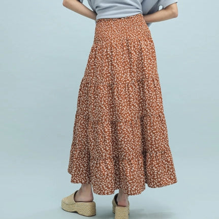 Women's Western Floral Tiered Midi Skirt in Camel