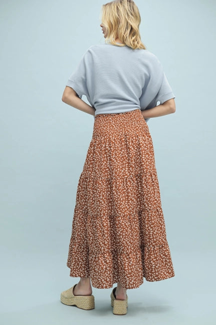 Women's Western Floral Tiered Midi Skirt in Camel