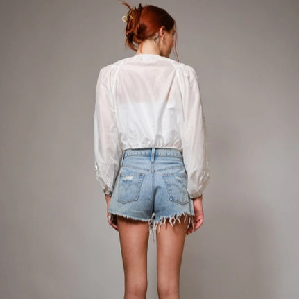 Women's L/S Tie Neck Lace Embroidered Cropped Blouse in White