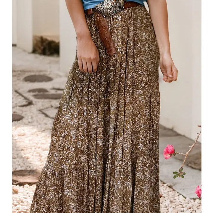Women's Western Floral Maxi Skirt in Brown