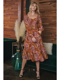 Women's L/S Paisley Print Smocked Midi Dress in Toffee (Available in Regular and Plus Sizes)