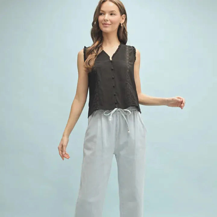 Women's Sleeveless Floral Trim Blouse in Black