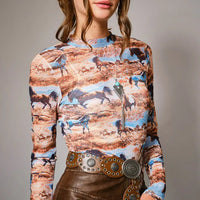 Women's L/S Western Mesh Mock Neck Top