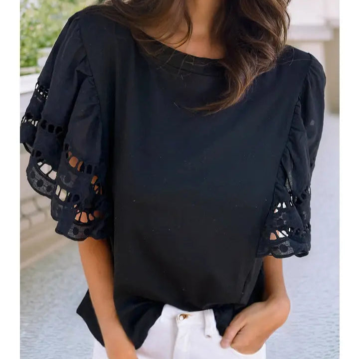 Women's S/S Eyelet Flowy Sleeve Blouse in Black