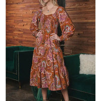 Women's L/S Paisley Print Smocked Midi Dress in Toffee (Available in Regular and Plus Sizes)