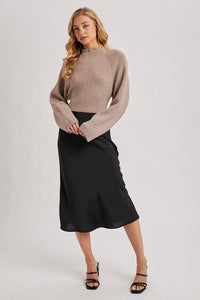 Women's Satin Midi Skirt in Black