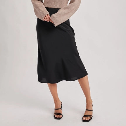 Women's Satin Midi Skirt in Black