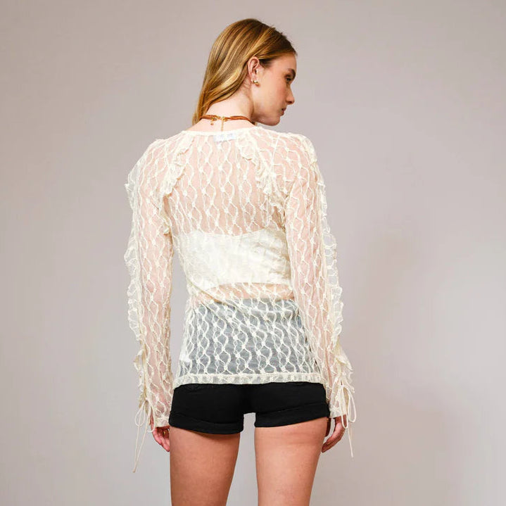Women's L/S Sheer Ruffle Lace Tie Front Blouse in Cream