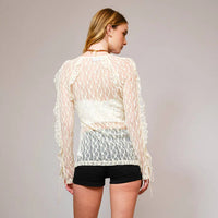 Women's L/S Sheer Ruffle Lace Tie Front Blouse in Cream