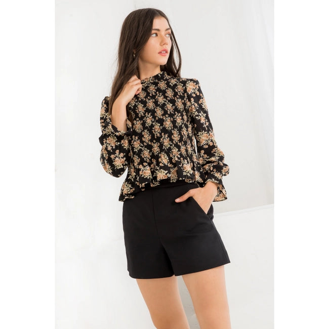Women's L/S Smocked Floral Print Peplum Top in Black