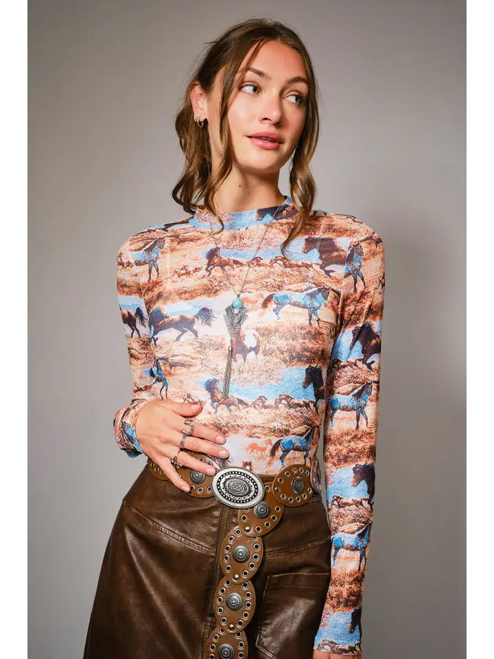 Women's L/S Western Mesh Mock Neck Top