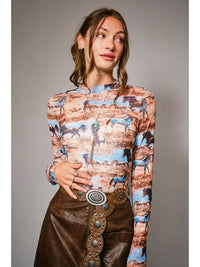 Women's L/S Western Mesh Mock Neck Top