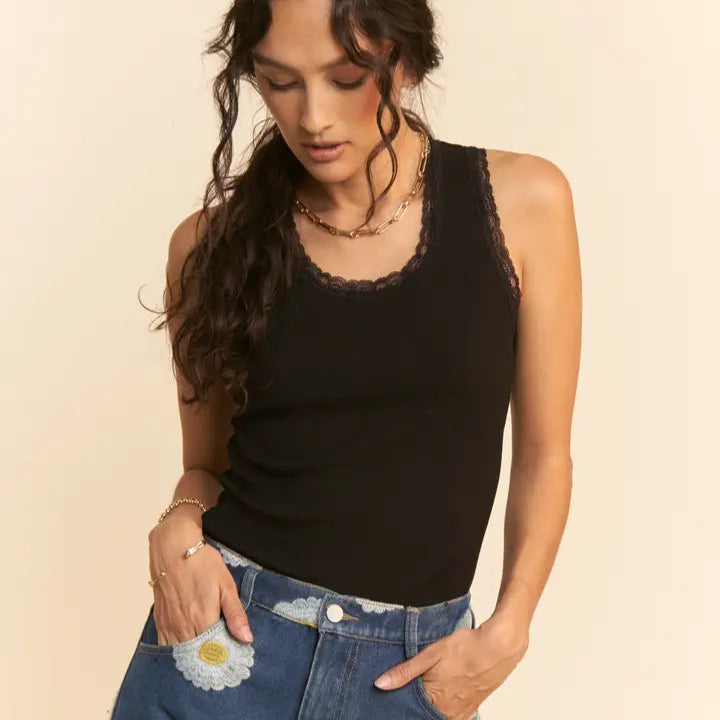Women's Ribbed Lace Trim Tank Top in Black (Available in Regular & Plus Sizes!)