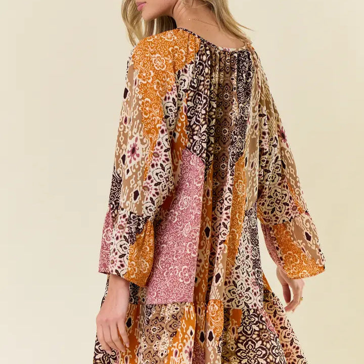 Women's L/S Boho Pattern Ruffled A-Line Mini Dress