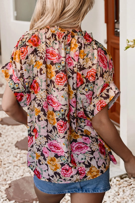 Women's S/S Floral Tie Neck Blouse in Pink