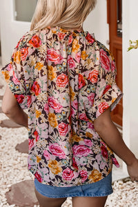 Women's S/S Floral Tie Neck Blouse in Pink