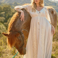 Women's 3/4 Sleeve Embroidered Maxi Dress in Off White