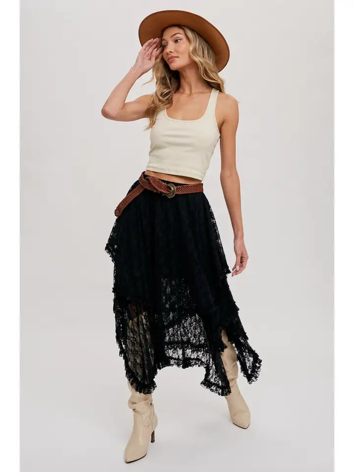 Women's Lace Tiered Midi Skirt (Available in Two Colors)