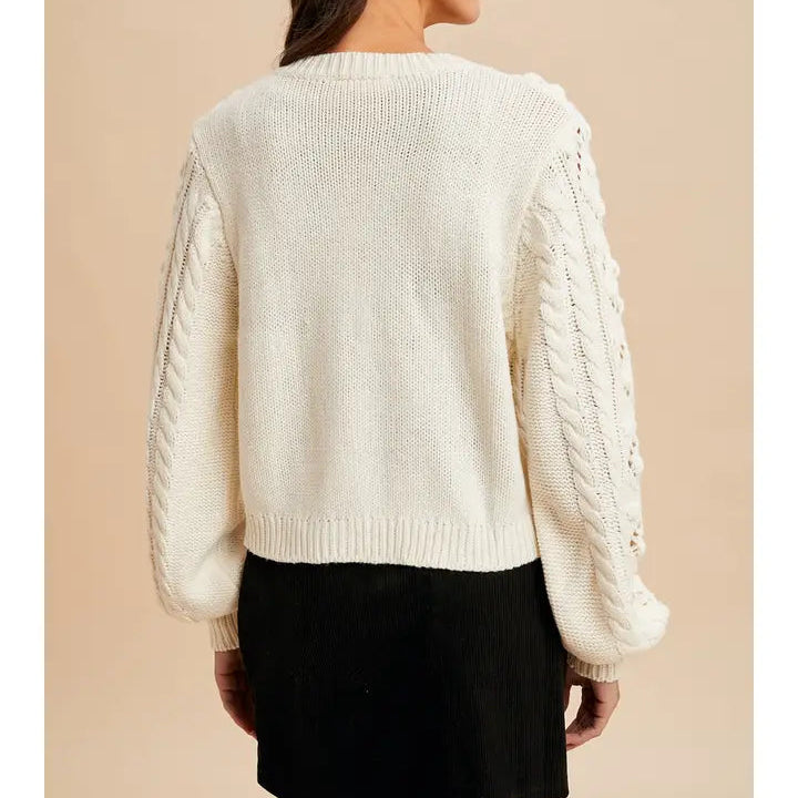 Women's Cable Knit Ribbon Tie Cardigan in Cream