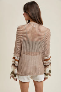 Women's Multi-Color Sleeve Crochet Tie Front Cardigan in Mocha and Olive