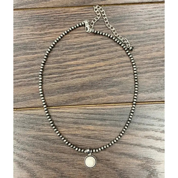 15" Handmade Navajo Inspired White Turquoise Pendant Beaded Necklace